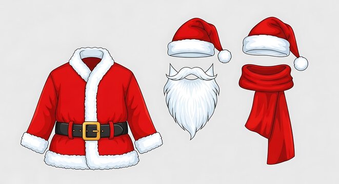 Santa claus outfit with hat, beard, and belt separated illustration