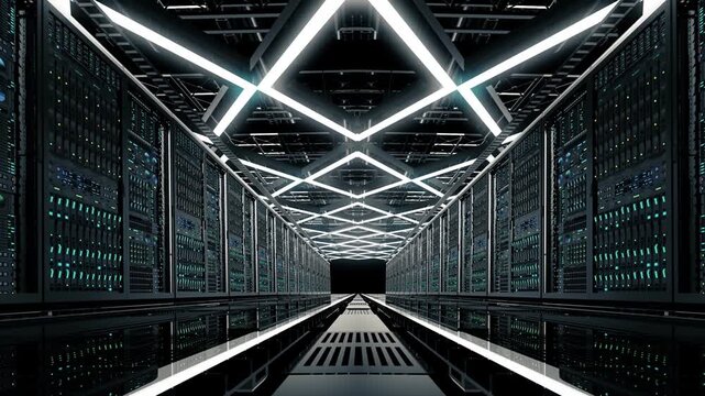 Futuristic data center server room corridor with blinking led lights and neon ceiling illumination, cinematic endless zoom in abstract scifi cloud computing cyber security 3d animation background
