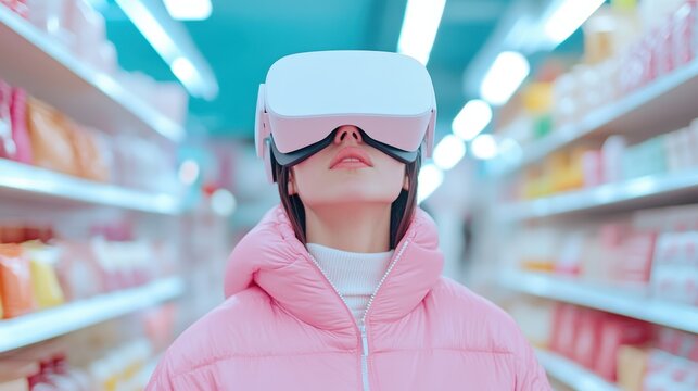 Exploring Virtual Reality: A Young Woman's Immersive Journey in a Colorful Aisle