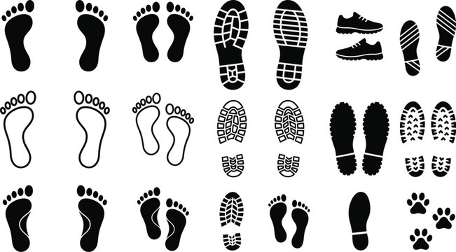 Human bare walk footprints and shoes, kids feet vector set, footsteps icon for print, trail, walking route, and footprint follow illustrations.