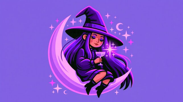 Young witch sitting on a broom and casting magic on a purple background  