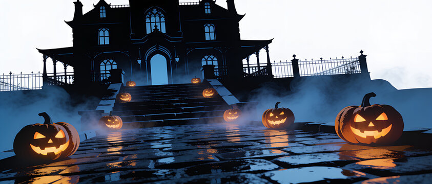 Spooky halloween haunted house, glowing carved jack o lantern, dark mysterious gothic mansion, mist fog night path, terrifying eerie autumn scene, creepy abandoned estate, dark fantasy holiday.