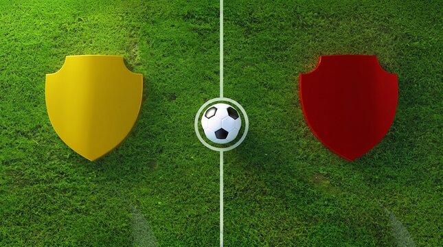 Soccer ball positioned on the center line between large blank yellow and red shields resting on a vibrant green field