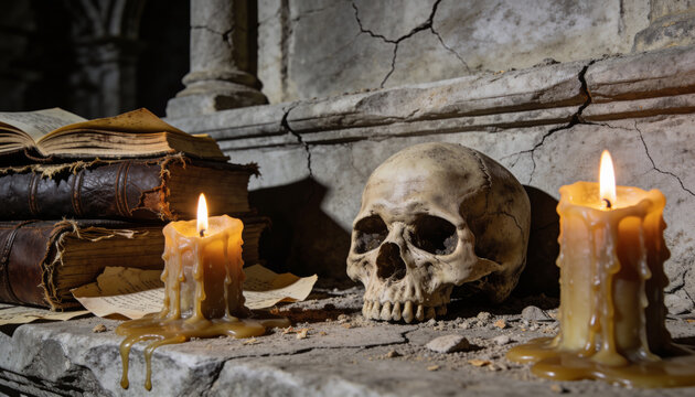 Human Skull With Burning Candles And Ancient Spell Books In Dark Crypt Gothic Halloween Concept Vintage Alchemy Mystical Still Life Occult Witchcraft Ritual Spooky Ancient History Dark Academia.