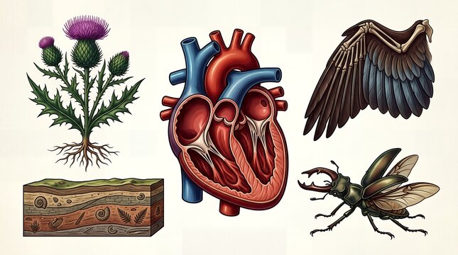 Anatomy and botany vintage science illustration collection featuring heart thistle and wing.