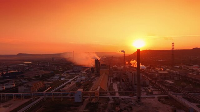 Massive industrial factory complex bathed in the warm golden light of setting sun. Multiple tall smokestacks rise from the facility, releasing plumes of white smoke and steam.