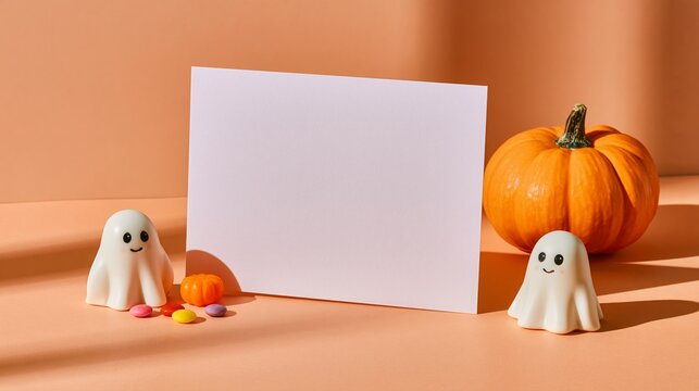 Blank card mockup with pumpkins candy and ghost figurines for Halloween  