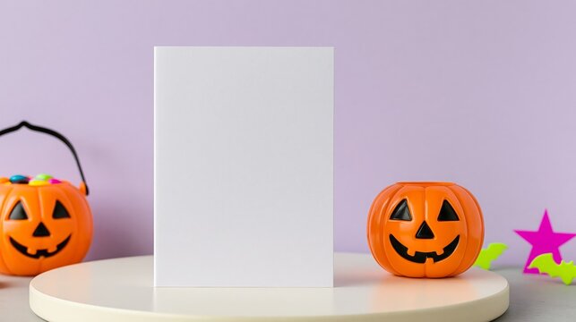Blank white card standing on table between Halloween pumpkin buckets  