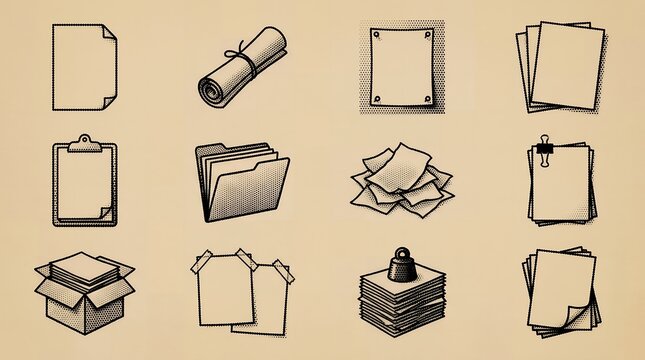 Set of isolated paper icons in vintage halftone style for office and stationery documents.