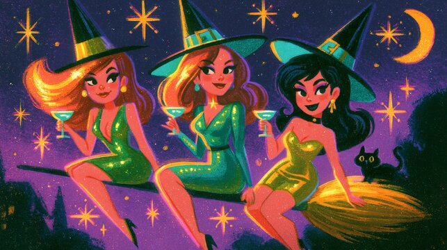 Three young witches sitting on a broomstick under a night sky  