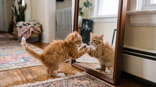 Curious Ginger Kitten Looking at Its Reflection in Mirror