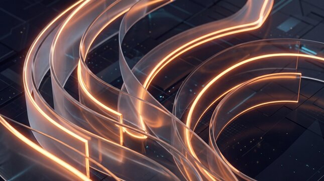Abstract Glowing Fiber Optic Curves on Circuit Board
