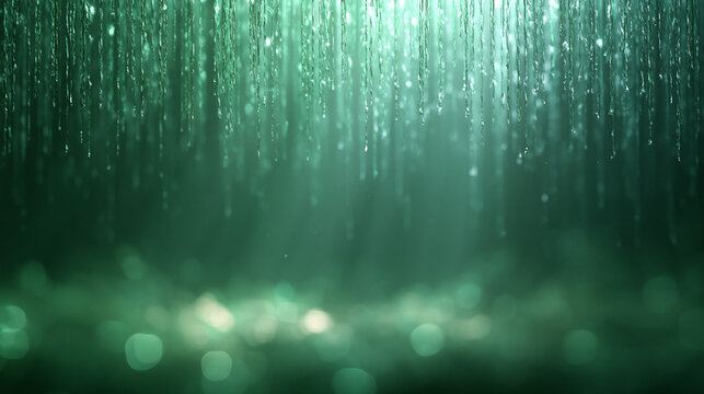 Green Abstract Glowing Particle Rain and Bokeh Background