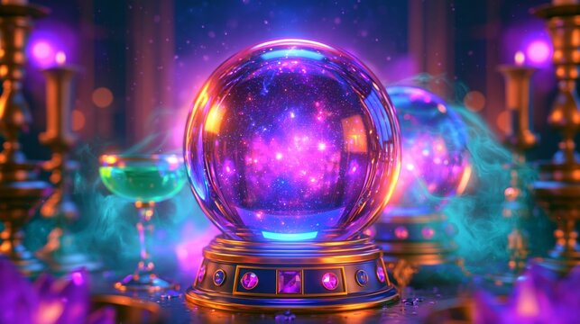 Glowing crystal ball on ornate table with candles in a mystical room  