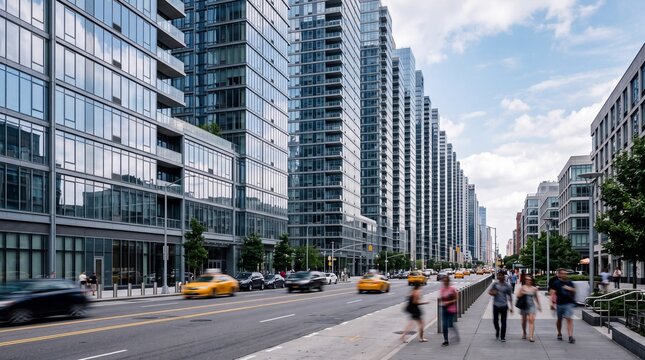 Modern High-Rise Glass Buildings Along Busy City Street