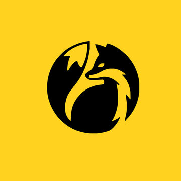 Minimalist black fox circular logo icon on a bright yellow background