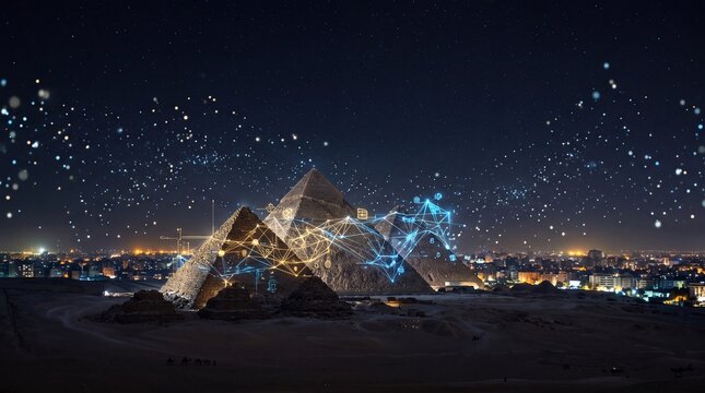 Pyramids of Giza with Futuristic Digital Network at Night