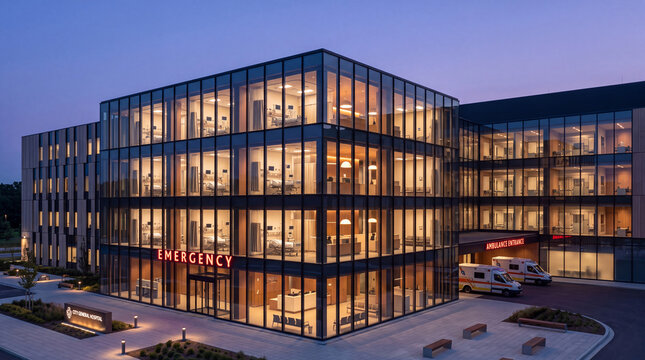 Modern Hospital Exterior with Illuminated Emergency Room at Dusk