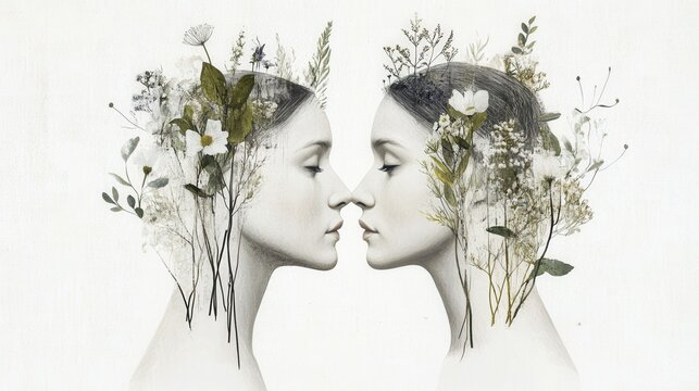 Ethereal Connection: Double Portrait of Women Blending Nature's Beauty and Human Emotion