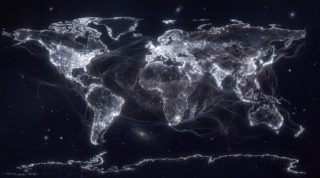Illuminated World Map Showing Global Connectivity and Network
