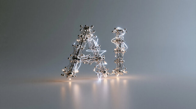 AI Text Glowing in Futuristic Metallic Wireframe Design
