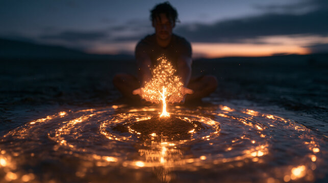 Man Meditating with Glowing Magical Tree of Light Outdoors