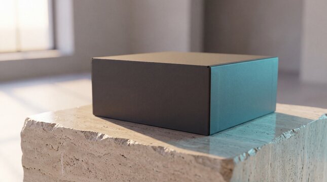 commercial packaging design, a rigid box package rests on a travertine plinth, bathed in sunrise light