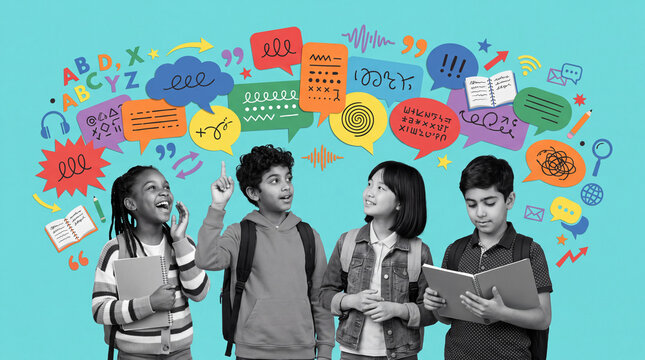 Multicultural group of school children learning languages, communication and global education collage concept with speech bubbles