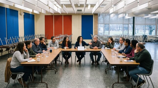 Community meeting in a school cafeteria space
