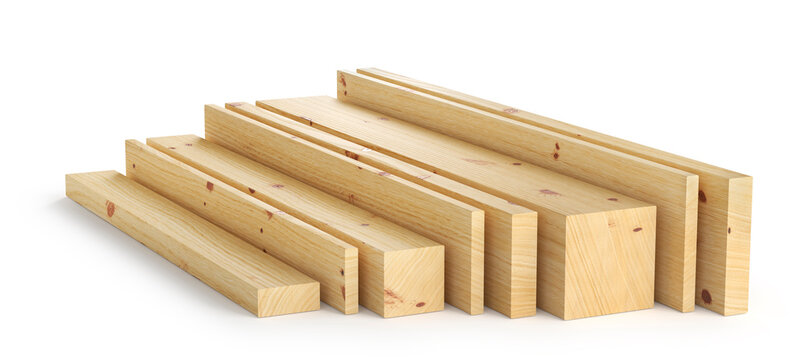 Wooden construction timber beams and lumber boards arranged together, isolated on a white background. Building materials for construction, carpentry, framing and woodworking projects. 
