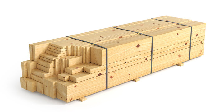 Wooden construction timber boards and lumber planks neatly stacked and secured in bundles, isolated on a white background. Building materials for construction