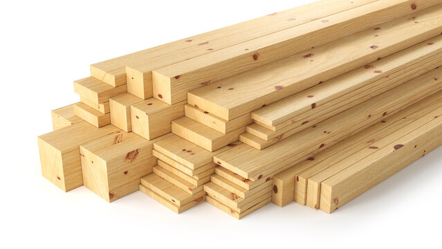Stack of wooden lumber boards and timber planks in various sizes, isolated on a white background. Construction wood materials with natural grain and knots,