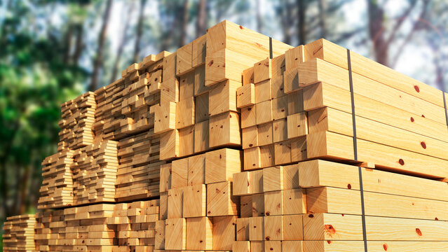 Stacked wooden lumber beams and timber boards arranged in bundles for construction and woodworking. Natural wood texture, cut timber,