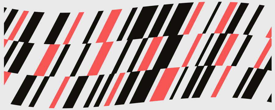 Abstract geometric pattern with diagonal black and red slanting stripes in rhythmic wavy lines.