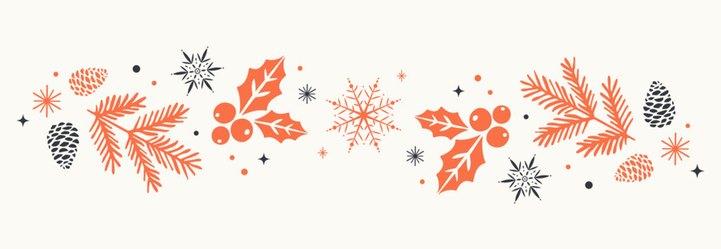 Border holly decor with ornament christmas line and poinsettia xmas snowflake. Garland pattern star with frame illustration corner and winter decorative background.