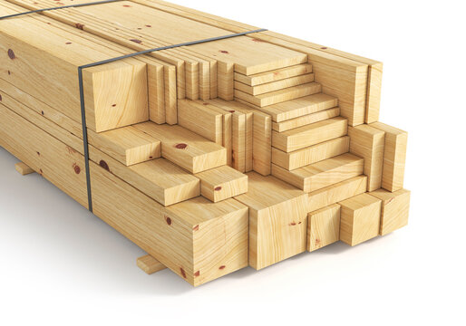 Stacked wooden lumber beams and timber planks arranged in a large bundle, showing different sizes, rectangular profiles, natural wood texture and cut ends. Construction materials for building