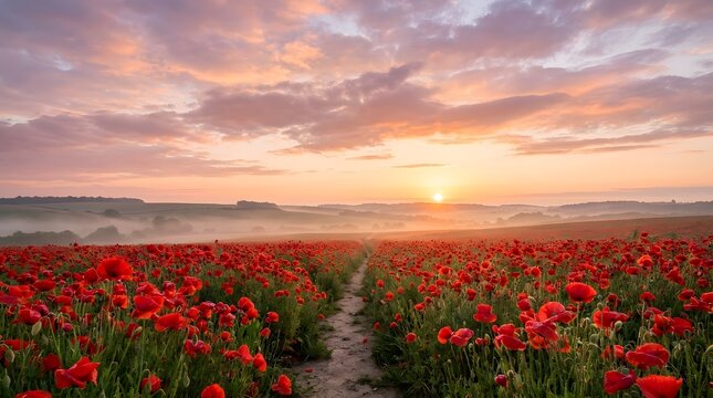 Red poppy flowers field landscape at sunrise with pathway