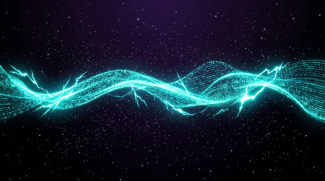 Abstract background featuring glowing cyan wave of particles with electric lightning bolts moving through dark starry space environment.