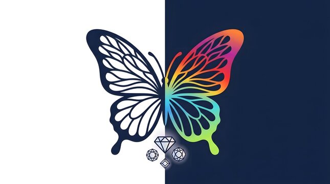 Butterfly logo design features a split screen with line art and rainbow gradient styling.