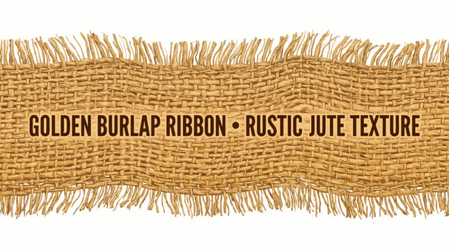 Very beautiful realistic vector of an isolated golden burlap ribbon with frayed edges, horizontal jute weave, rough natural fibers, GOLDEN BURLAP RIBBON &bull; RUSTIC JUTE TEXTURE, isolated on white backgr