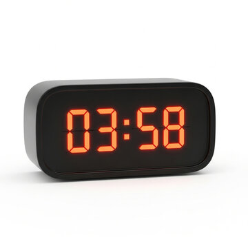 Modern black digital alarm clock displaying 03:58 with bright orange illuminated numbers on a white background
