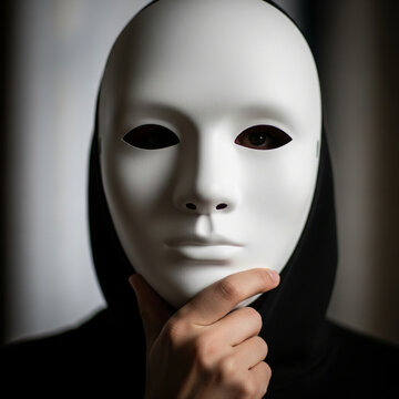 Person wearing a white anonymous mask with eyes visible touching chin in thoughtful pose