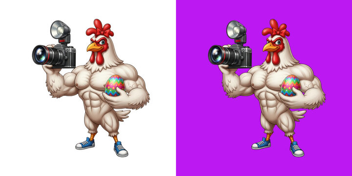 Muscular rooster holding camera and decorative easter egg cartoon character