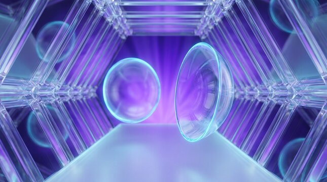 Paired clear contact lenses in a glowing crystal tunnel