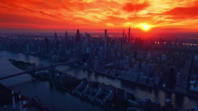 Striking burning orange sky over New York City at sunset. Going up over the East River waterfront near the Ed Koch Queensboro Bridge.