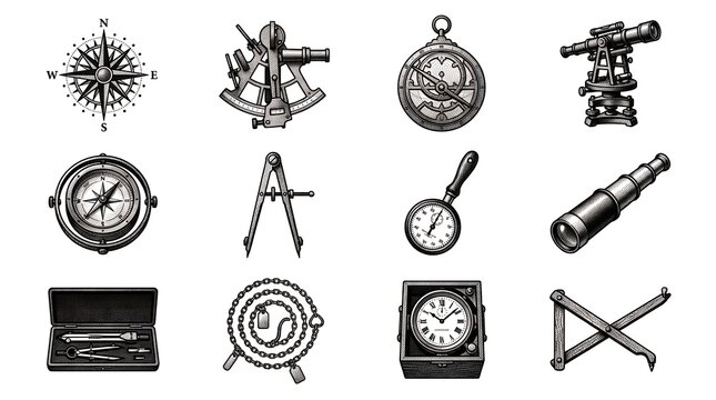 Nautical navigational vintage instruments showing measuring tools survey and cartography.
