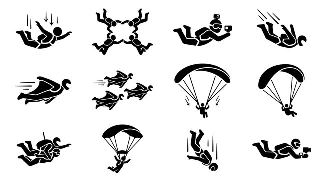 Extreme sports stick figures depicting skydiving and parachute activities.