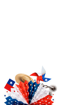 National chilean holidays celebration elements including flag, chupalla, and paper decorations, on transparent background