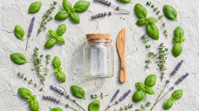Fresh basil and thyme herbs arranged with lavender sprigs around glass jar on light stone background flat lay.