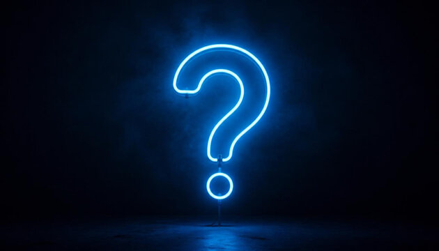 Bright neon question mark symbol glowing against dark smoky background for mystery or curiosity concept with modern blue light design style.
